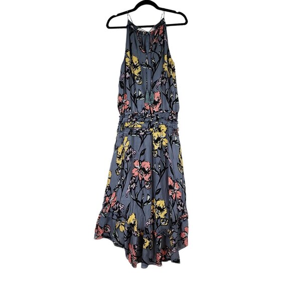 Ramy Brook 100% Silk Blue Floral Midi Dress Halter Tie Tassel Top Designer Dress - Picture 4 of 11